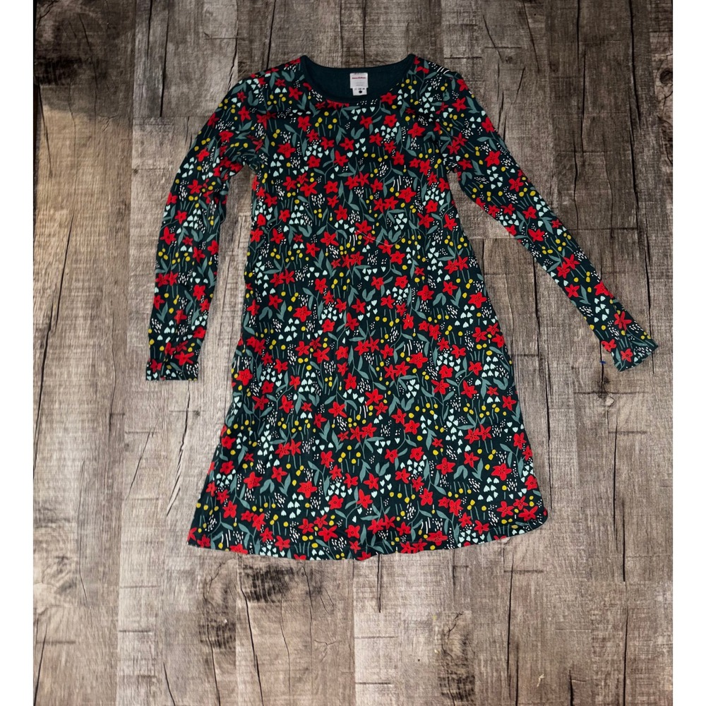 Hanna Andersson Girls Forest Green Red Floral Long Sleeve‎ Knit Dress Size 12